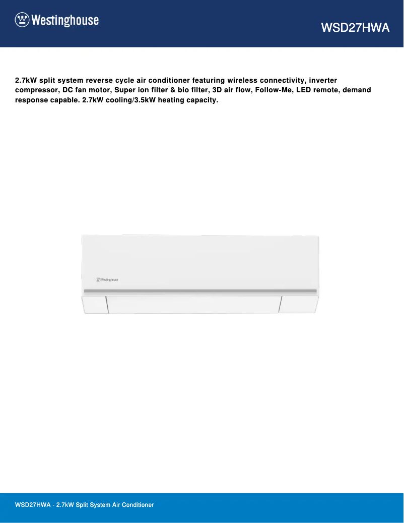 Page n°1 - Fiche technique Westinghouse WSD27HWA