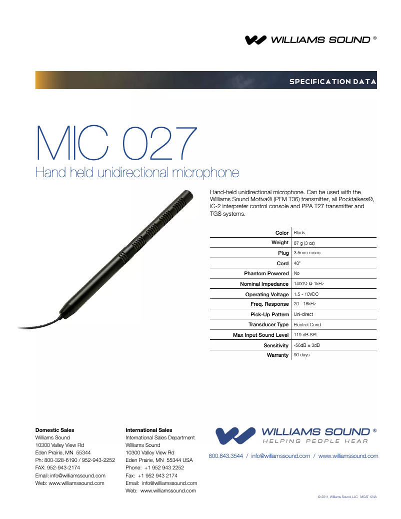 Page n°1 - Manuel utilisateur Williams Sound MIC 027