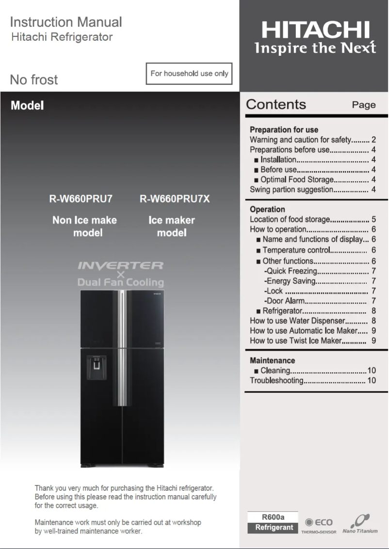 Page 1 de la notice Manuel utilisateur Hitachi R-W660PRU7X