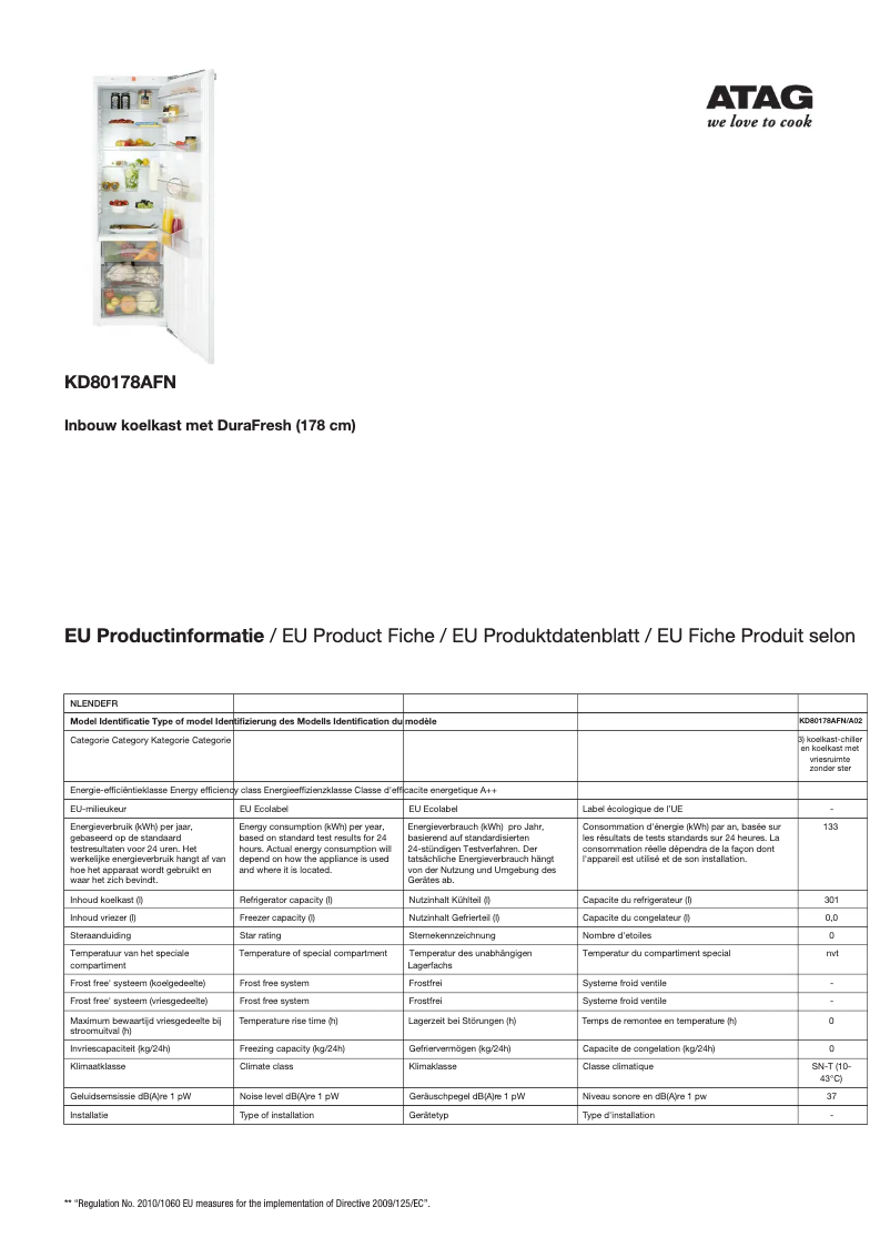 Page 1 de la notice Fiche technique Atag KD80178AFN