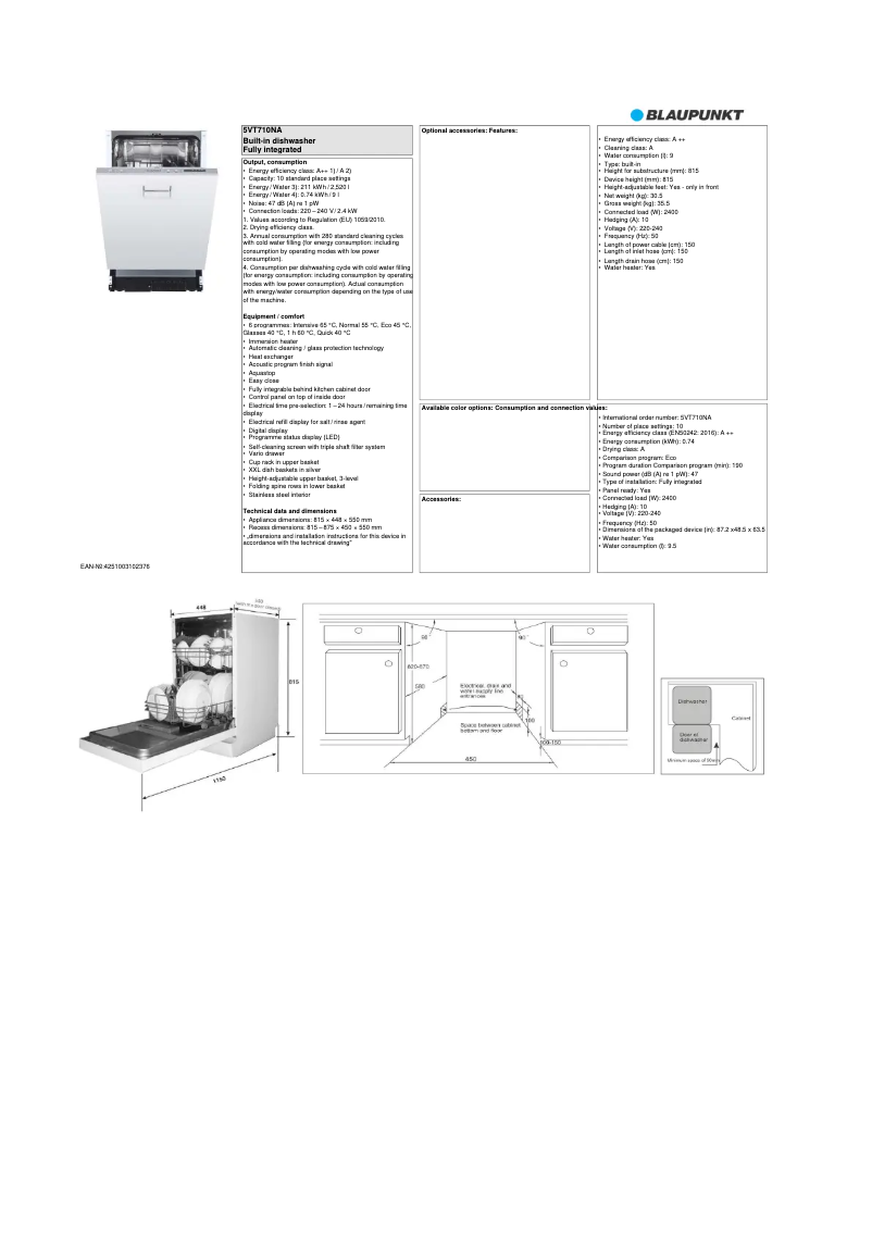 Page n°1 - Fiche technique Blaupunkt 5VT710NA