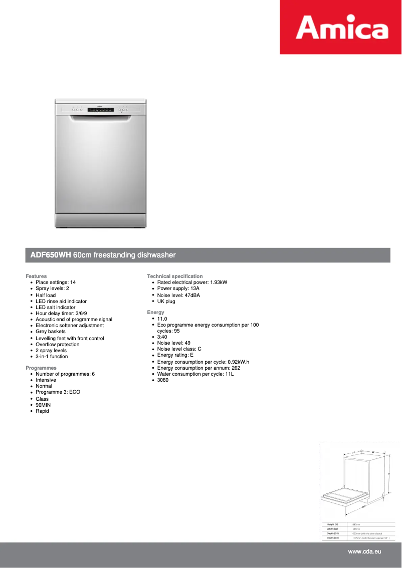 Page n°1 - Fiche technique Amica ADF650WH