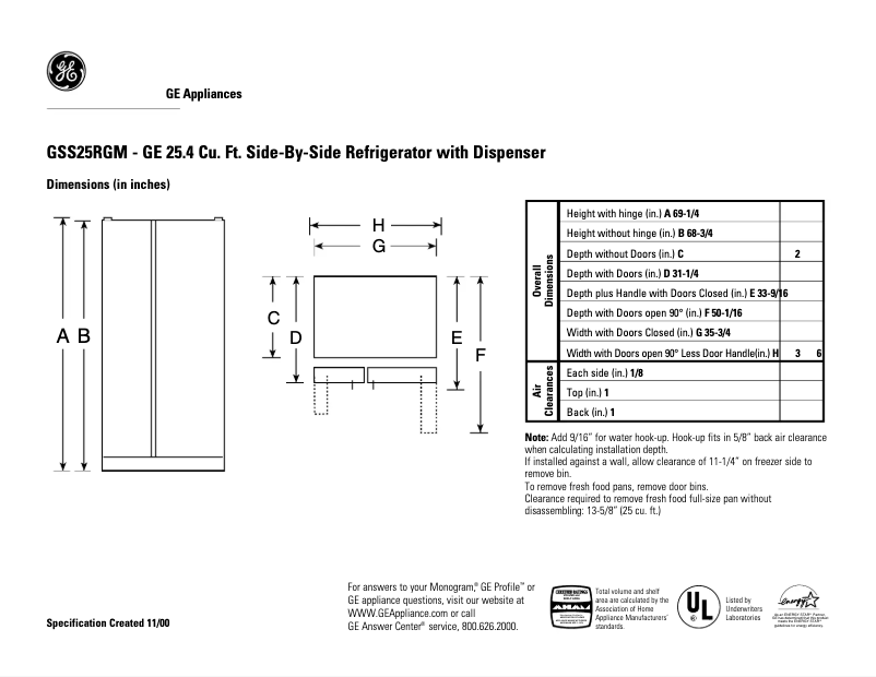 Page n°1 - Fiche technique GE GSS25RGMCC