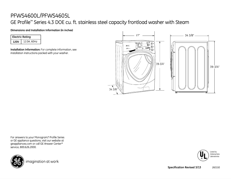 Page 1 de la notice Fiche technique GE PFWS4605LMG