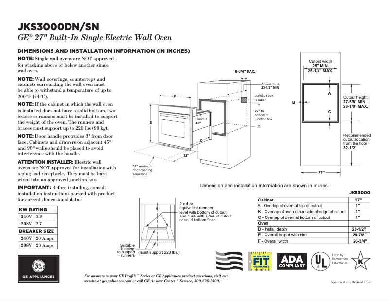 Page 1 of the manual Technical Sheet GE JKS3000DNWW
