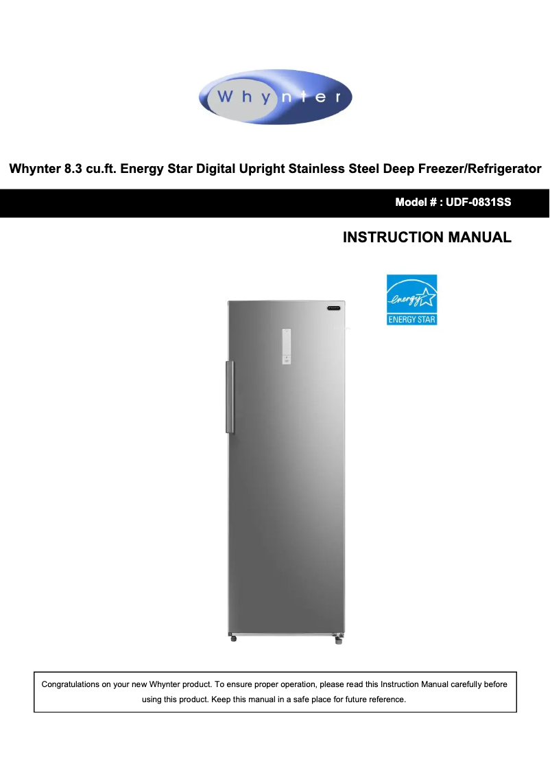 Page 1 de la notice Manuel utilisateur Whynter UDF-0831SS