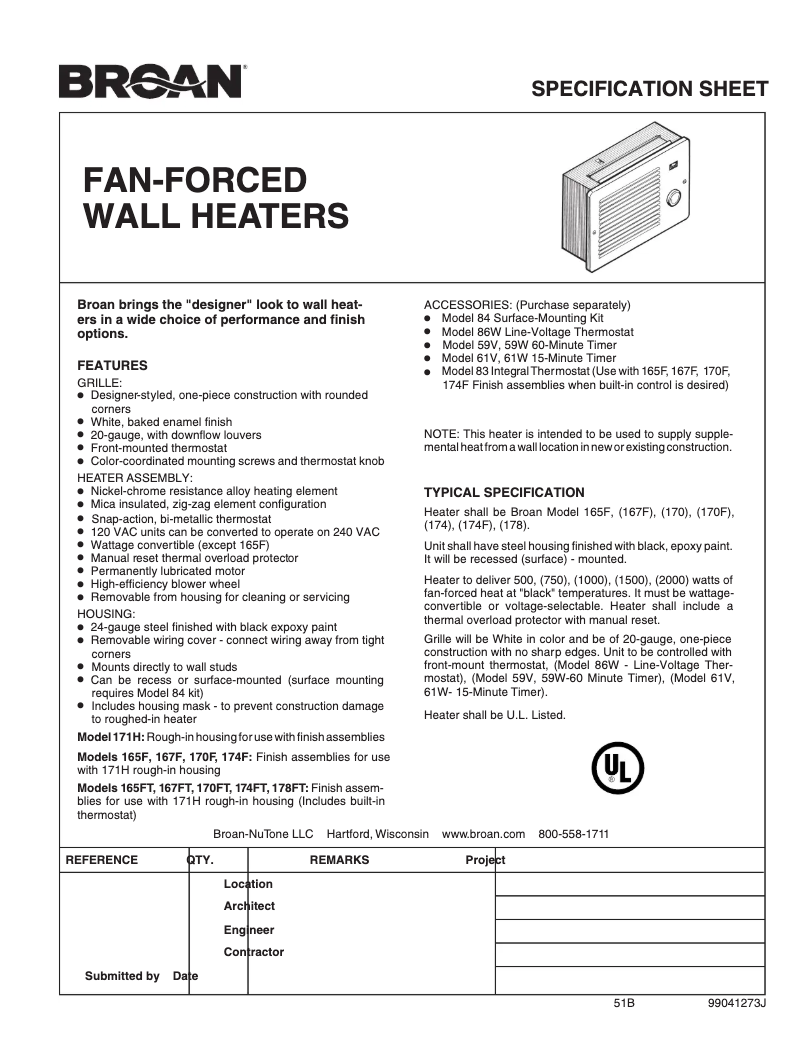Page 1 de la notice Fiche technique Broan 171H