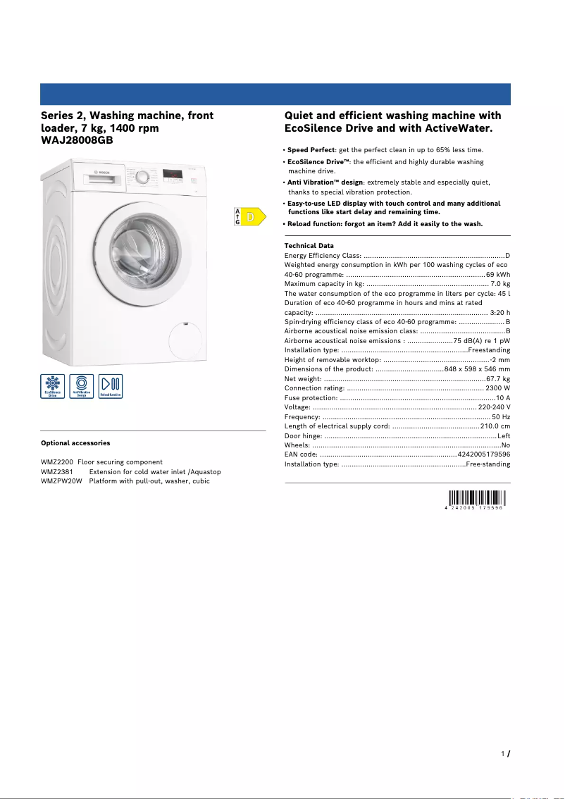 Página 1 del manual Ficha técnica Bosch Serie 2 WAJ28008GB