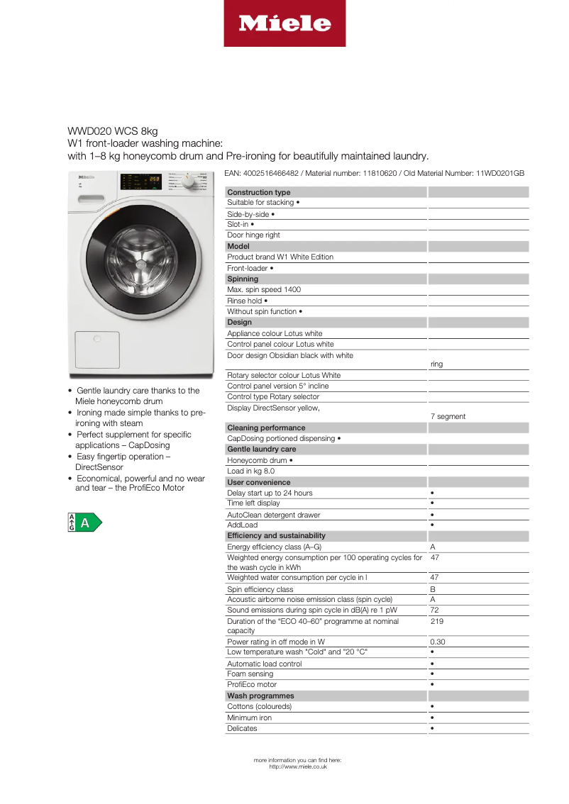 Page 1 de la notice Fiche technique Miele WWD 020 WCS