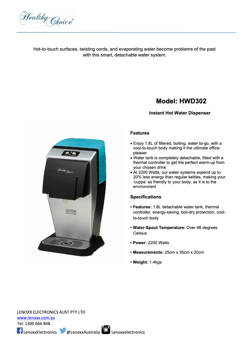 Page 1 de la notice Manuel utilisateur Healthy Choice HWD302