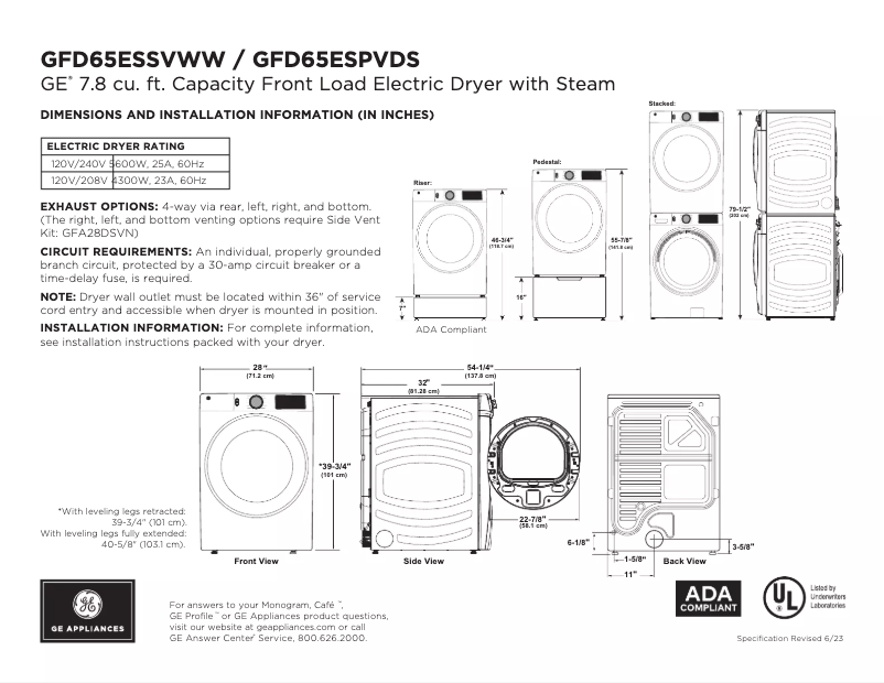 Page 1 de la notice Fiche technique GE GFD65ESPVDS
