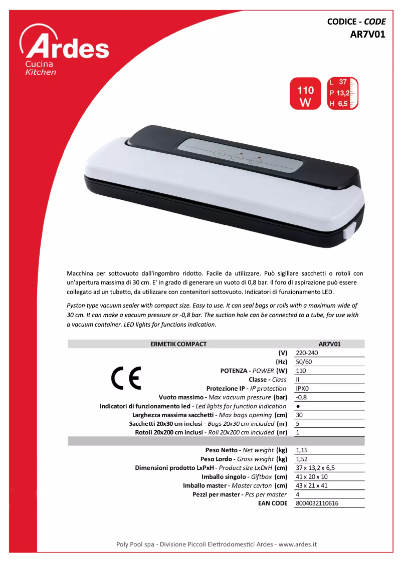 Page 1 de la notice Fiche technique Ardes AR7V01