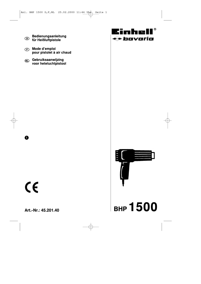 Page 1 de la notice Manuel utilisateur Einhell Bavaria BHP 1500