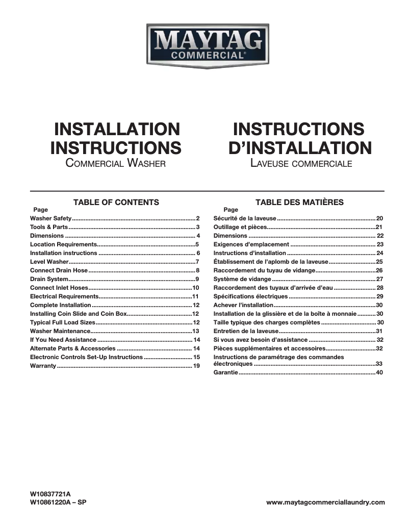 Page 1 de la notice Guide d'installation Maytag MAT20PR