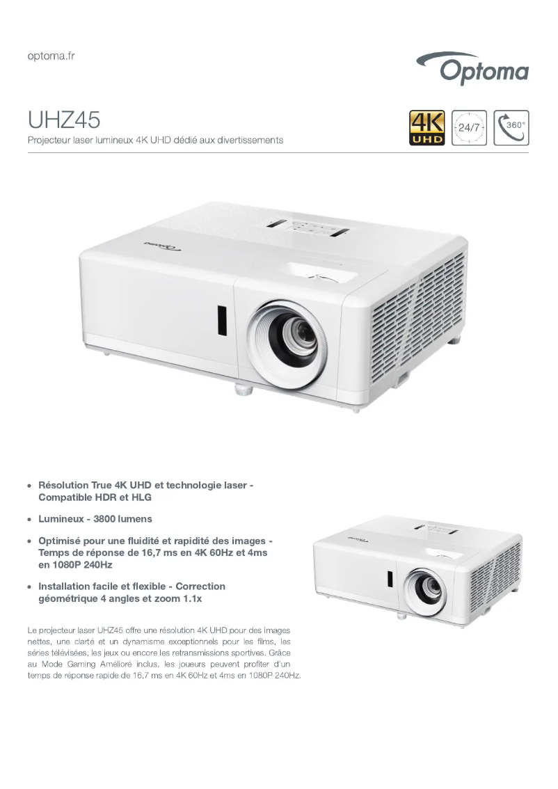 Page 1 de la notice Fiche technique Optoma UHZ45