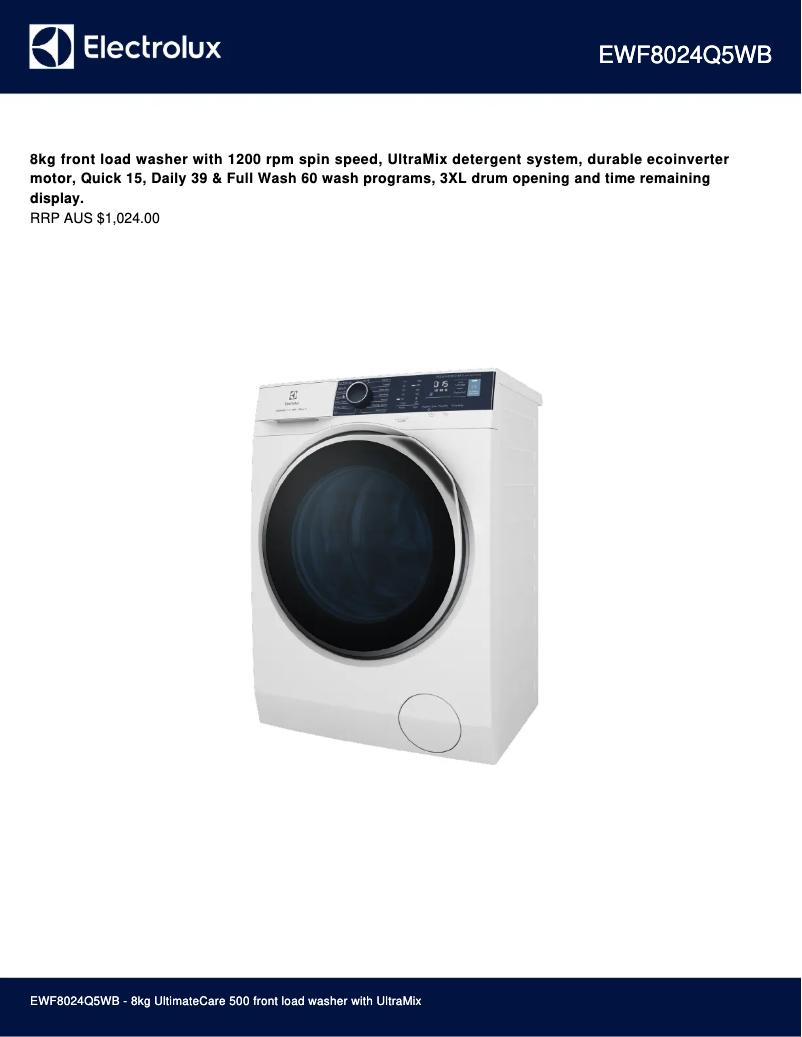 Page 1 de la notice Fiche technique Electrolux EWF8024Q5WB