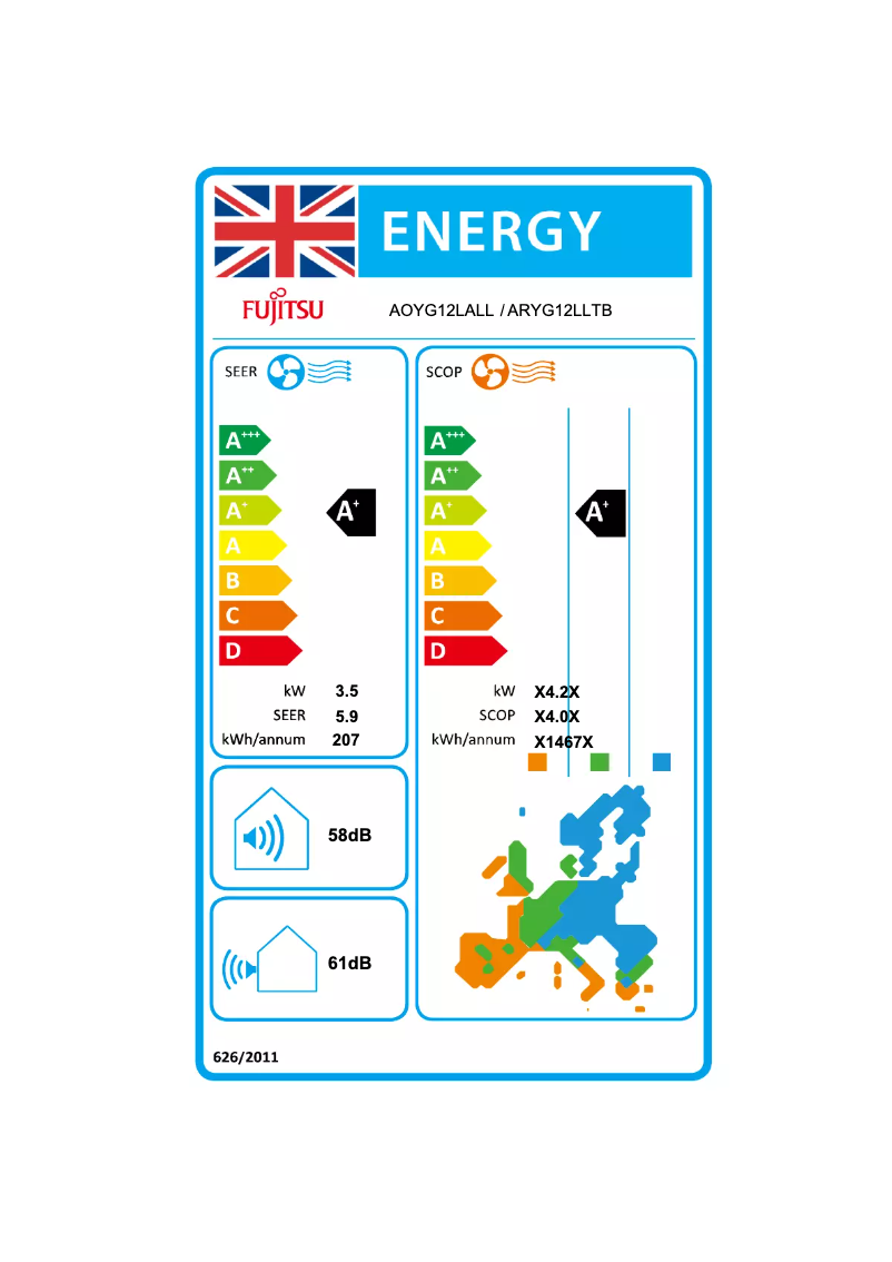 Page 1 de la notice Label énergétique Fujitsu ARYG12LLTB
