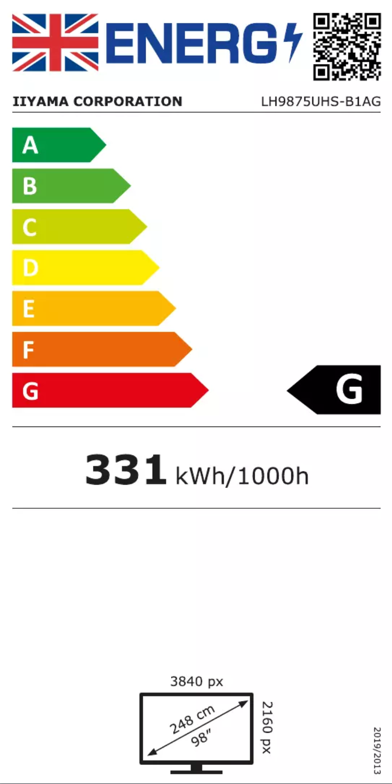 Page 1 de la notice Label énergétique Iiyama ProLite LH9875UHS