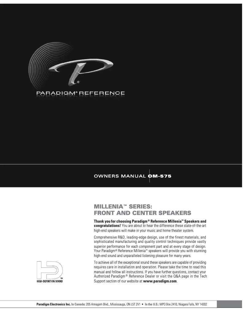 Page n°1 - Manuel utilisateur Paradigm Millenia 20