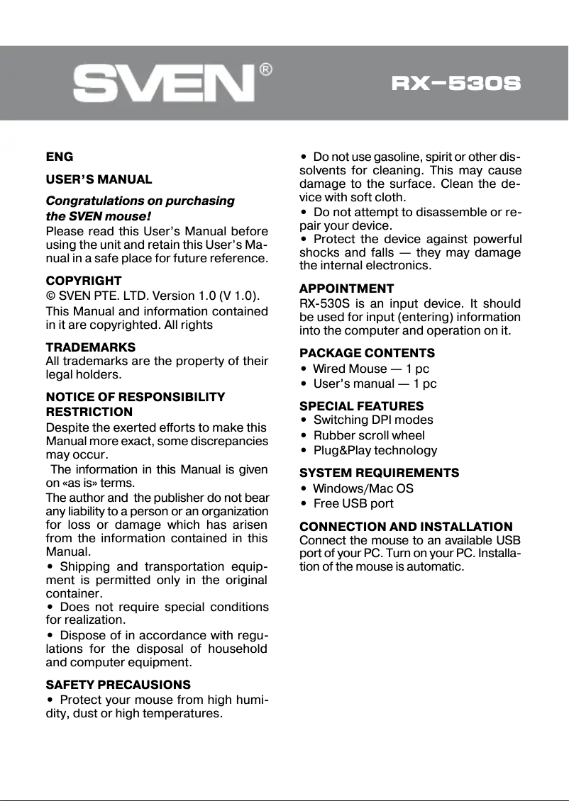 Image de la première page du manuel de l'appareil RX-530S