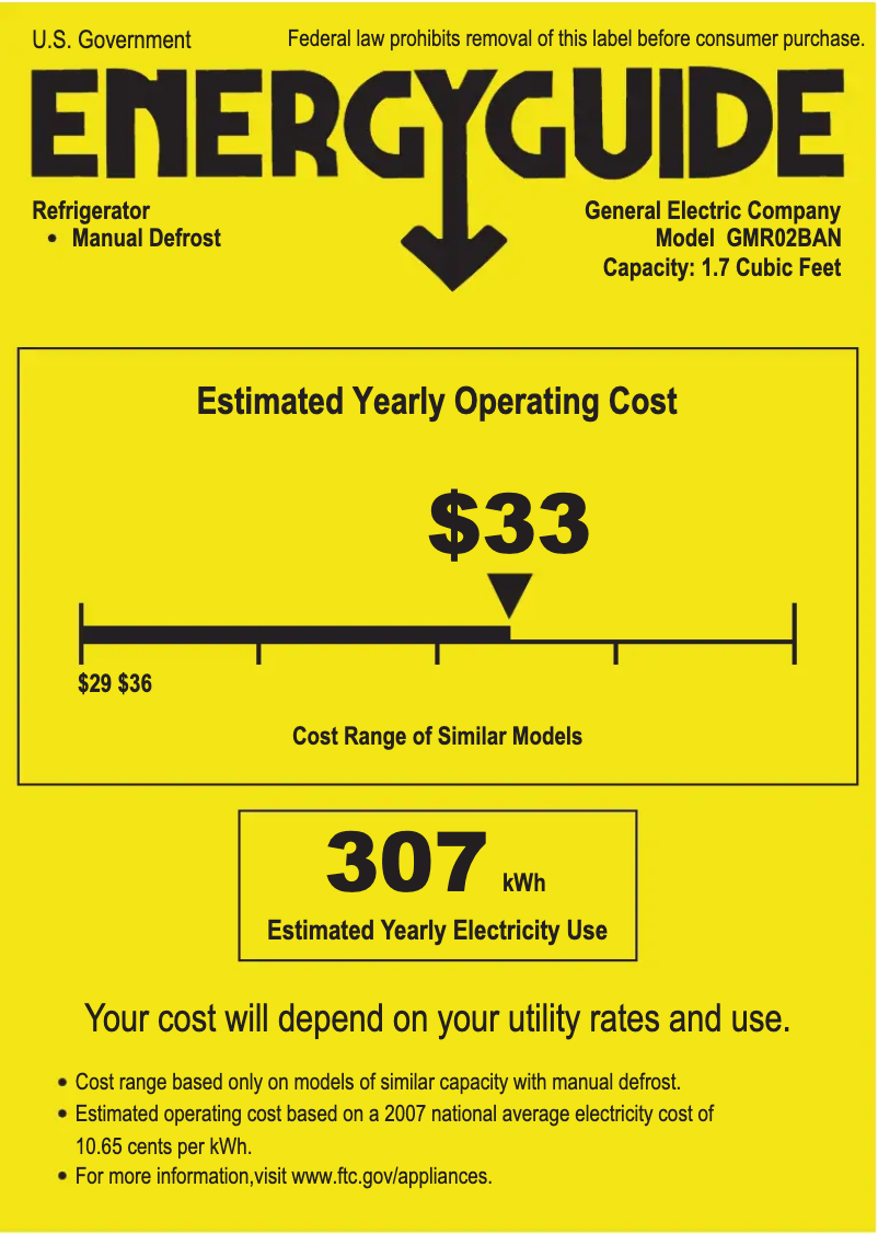 Page 1 of the manual Energy Label GE GMR02BANBB