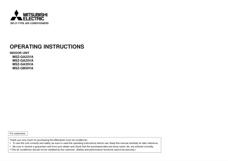 Page 1 de la notice Manuel utilisateur Mitsubishi MUZ-GA25VA