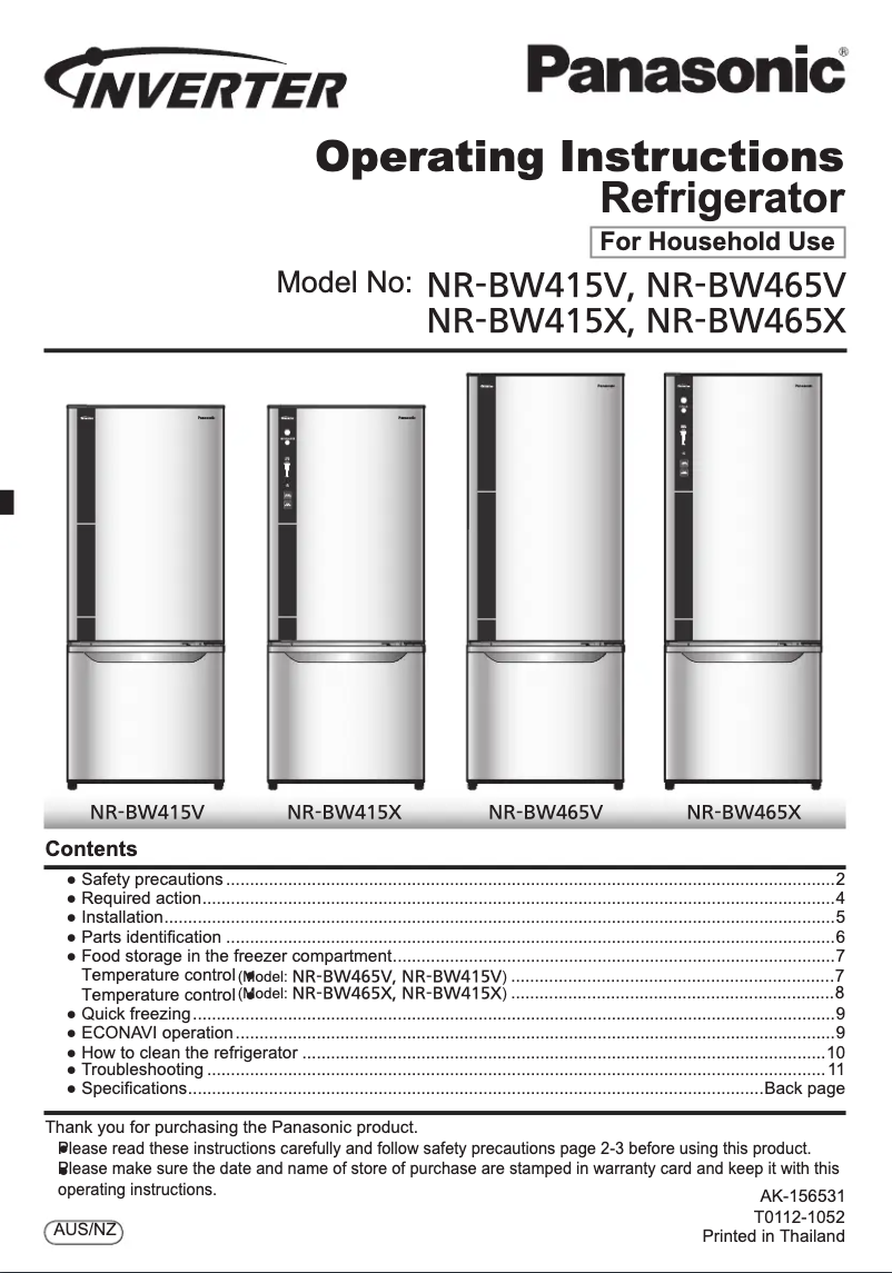 Image de la première page du manuel de l'appareil NR-BW465V