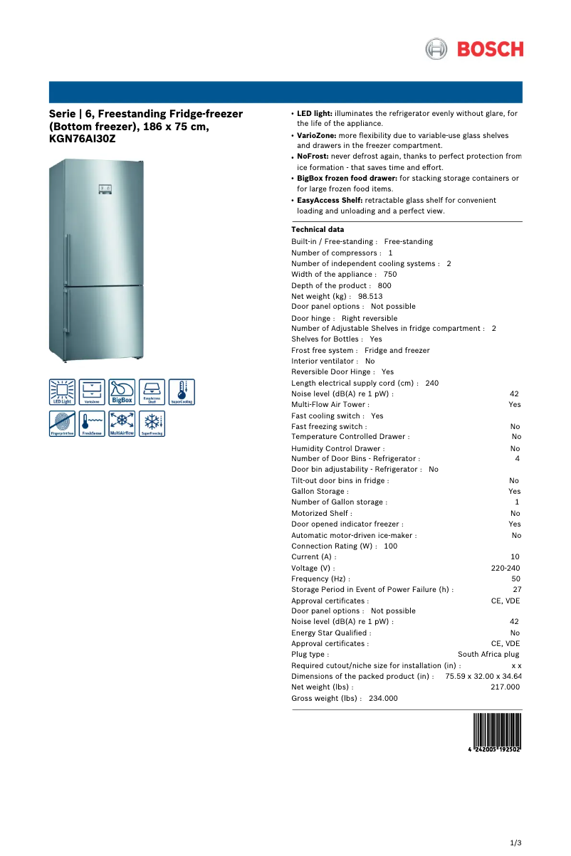 Page 1 de la notice Manuel utilisateur Bosch KGN76AI30Z