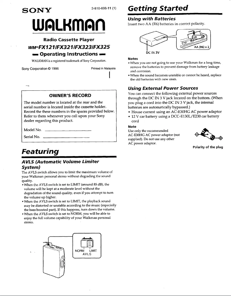 Image de la première page du manuel de l'appareil Walkman WM-FX323
