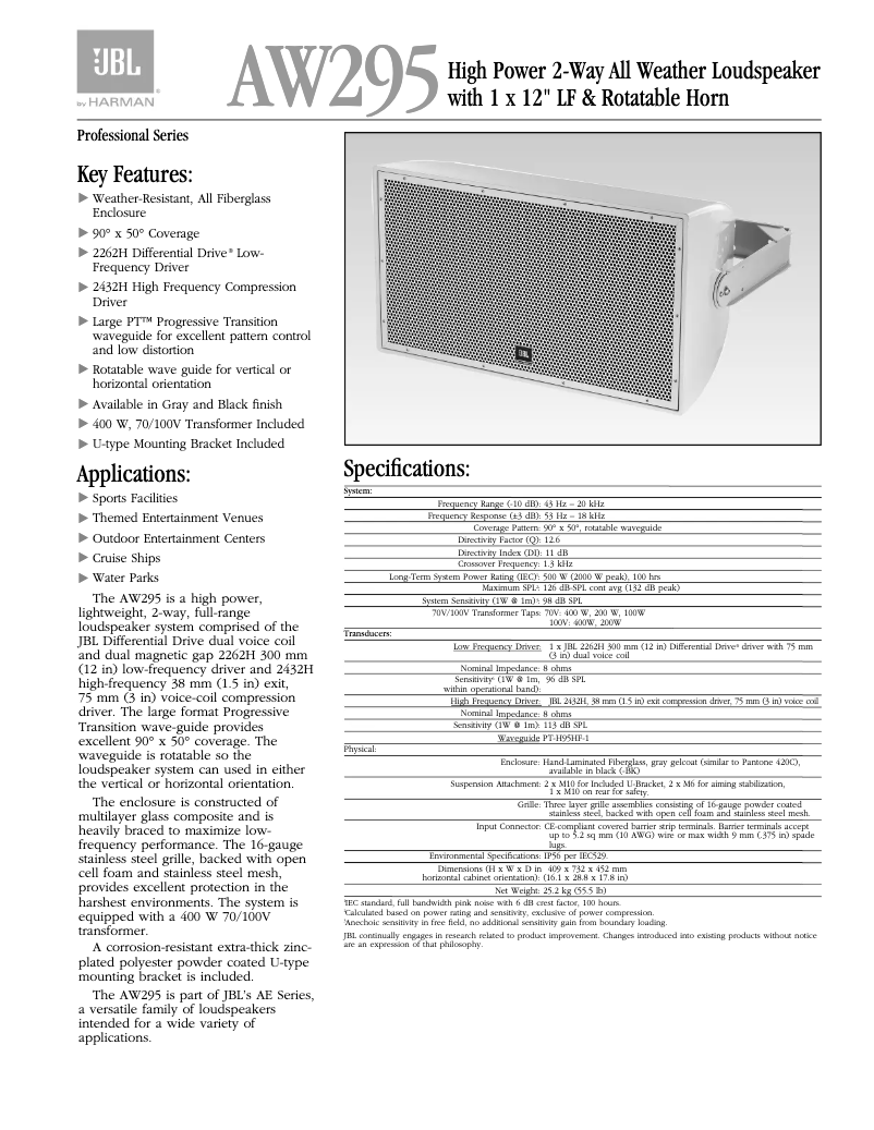 Page 1 de la notice Manuel utilisateur JBL AW295