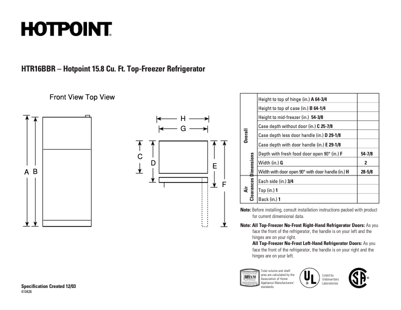 Page 1 de la notice Fiche technique Hotpoint HTR16BBRRWW