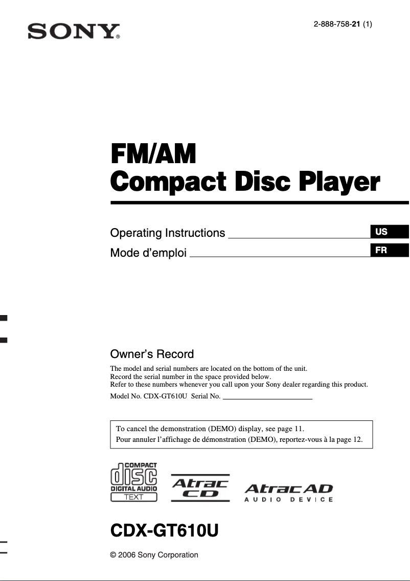 Page n°1 - Manuel utilisateur Sony CDX-GT610U