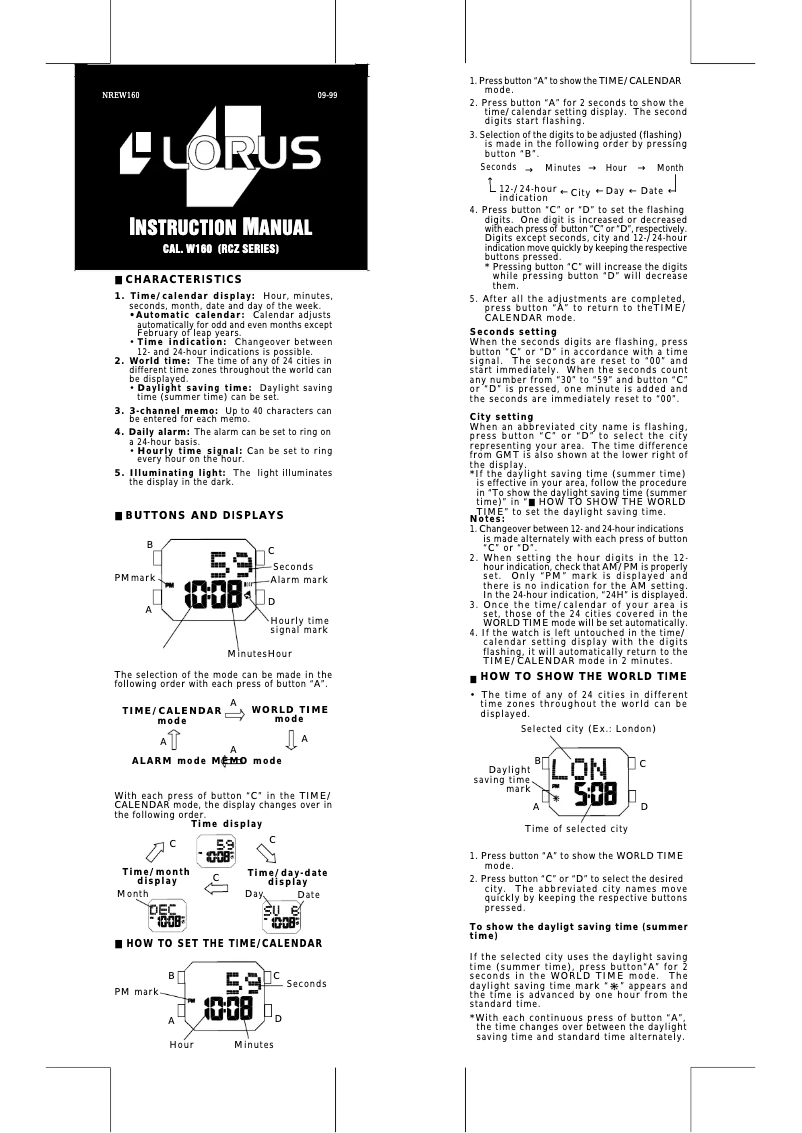 Page 1 de la notice Manuel utilisateur Lorus W160