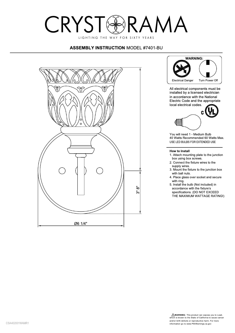 Page 1 de la notice Manuel utilisateur Crystorama Norwalk 7401-BU