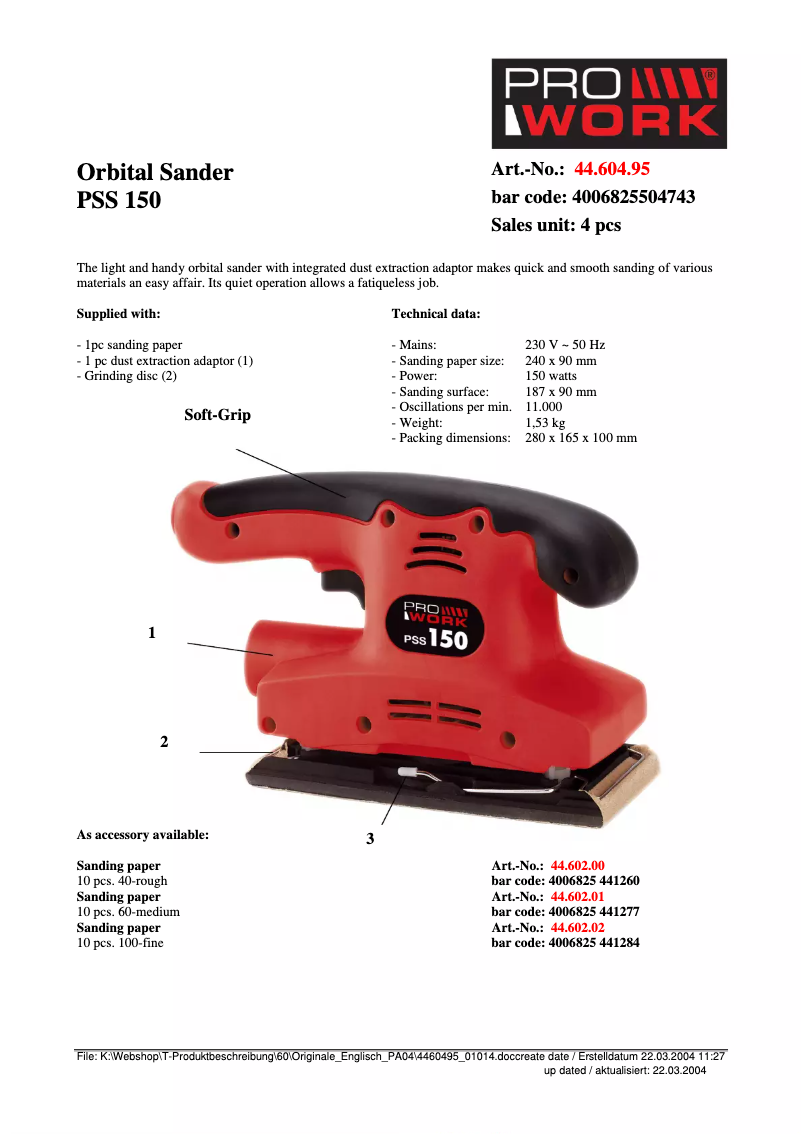 Page n°1 - Fiche technique Prowork PSS 150