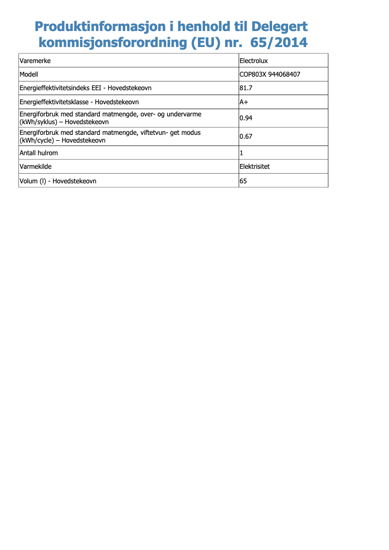 Page 1 de la notice Fiche technique Electrolux COP803X