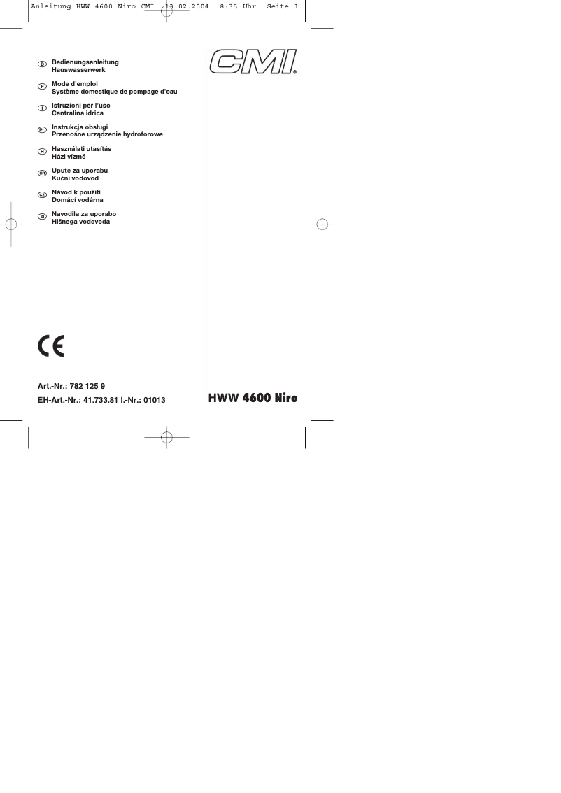 Page 1 de la notice Manuel utilisateur CMI HWW 4600 Niro