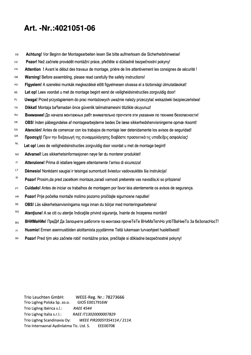 Page 1 de la notice Manuel utilisateur Trio Lighting Leyla 4021051-06