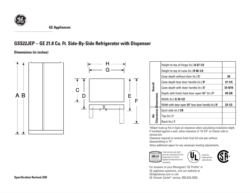 Page 1 de la notice Fiche technique GE GSS22JEPCC