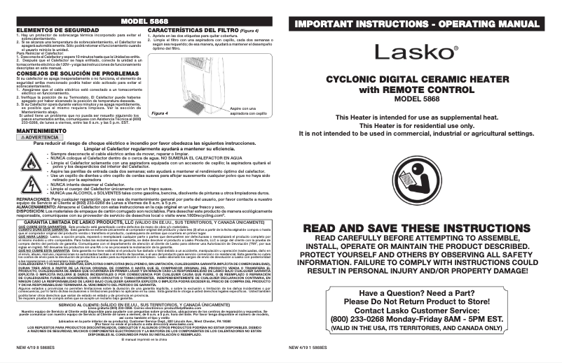 Page 1 de la notice Manuel utilisateur Lasko 5868