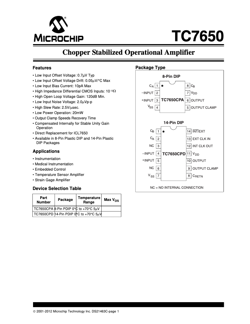 Page 1 de la notice Fiche technique Microchip TC7650