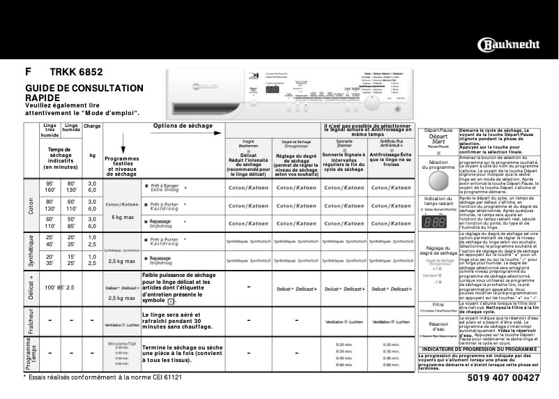 Page n°1 - Manuel utilisateur Bauknecht TRKK 6852