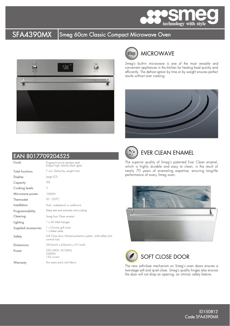 Page 1 de la notice Fiche technique Smeg SFA4390MXK