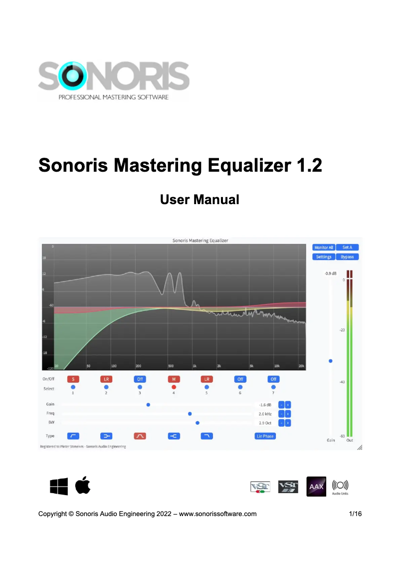 Page 1 de la notice Manuel utilisateur SONORIS Mastering Equalizer 1.2