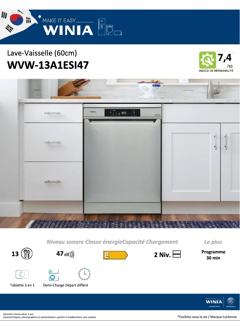Page 1 de la notice Fiche technique Winia WVW-13A1ESI47