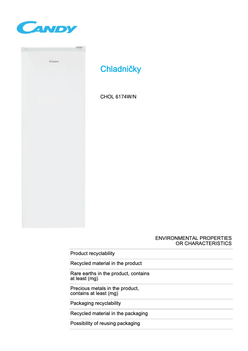 Page 1 de la notice Fiche technique Candy CHOL 6174W/N