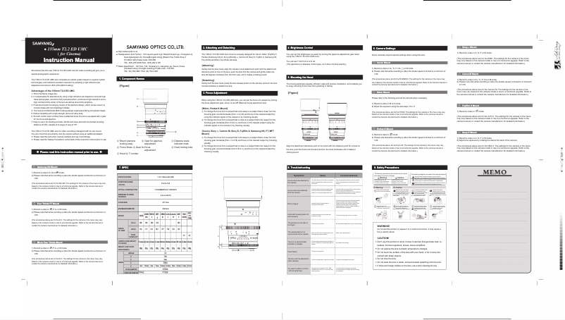 Page 1 de la notice Manuel utilisateur Rokinon Cine DS DS135M-C