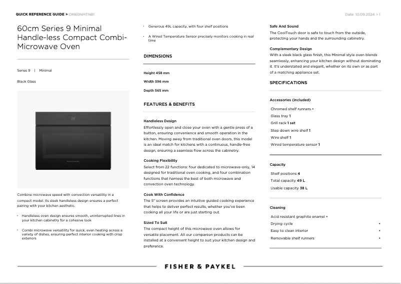 Page 1 de la notice Fiche technique Fisher & Paykel OM60NMTNB1