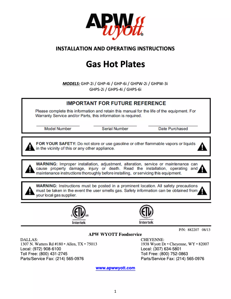Page n°1 - Manuel utilisateur APW Wyott GHP-2i