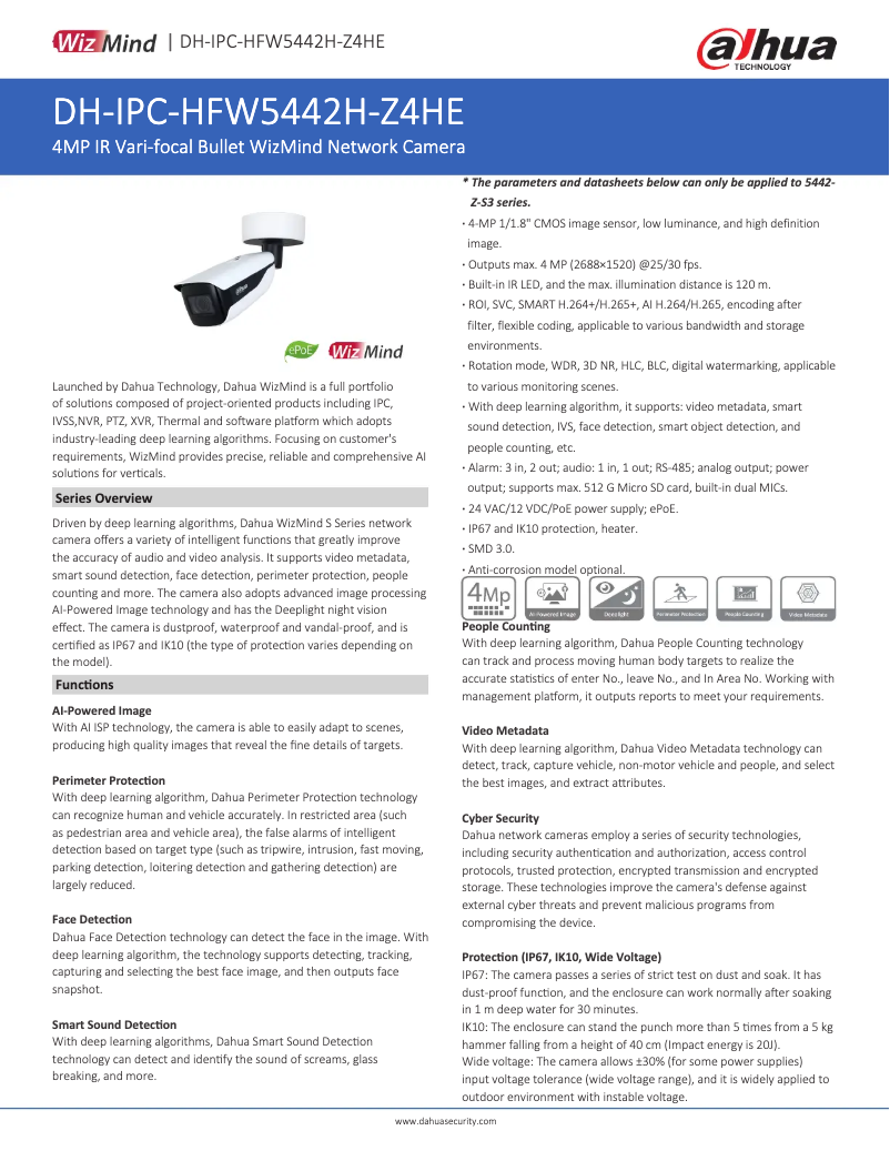 Page 1 de la notice Fiche technique Dahua Technology IPC-HFW5442H-Z4HE